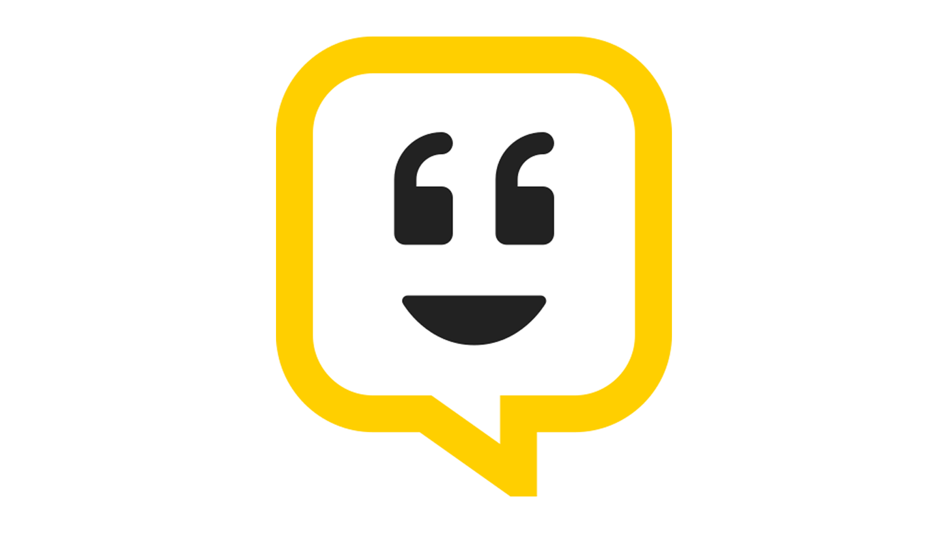 A square speech bubble which has upside quotation marks for eyes and smile underneath.