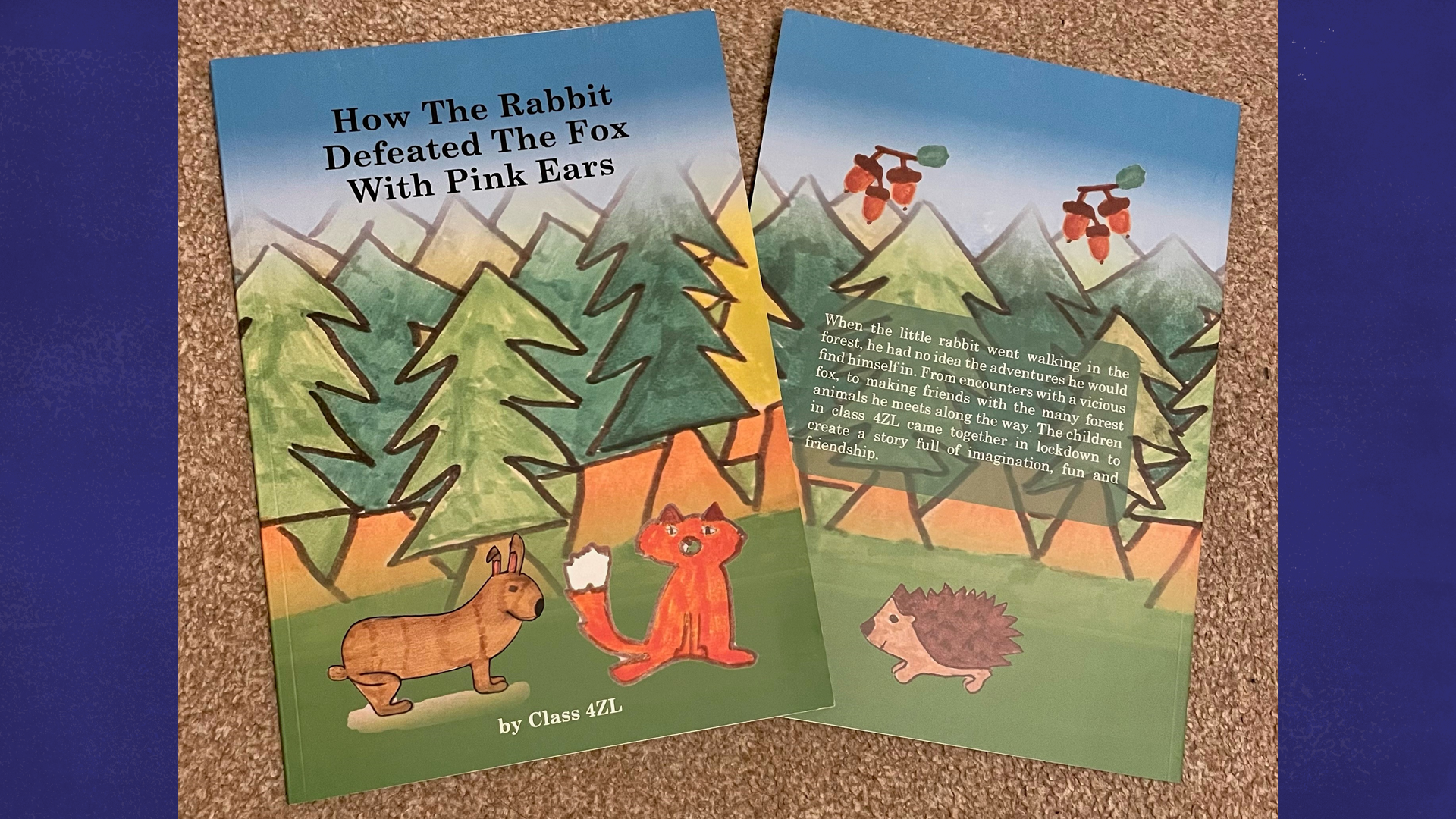 Class 6CJ's book, 'How the rabbit defeated the fox with pink ears', showing the front cover and blurb.