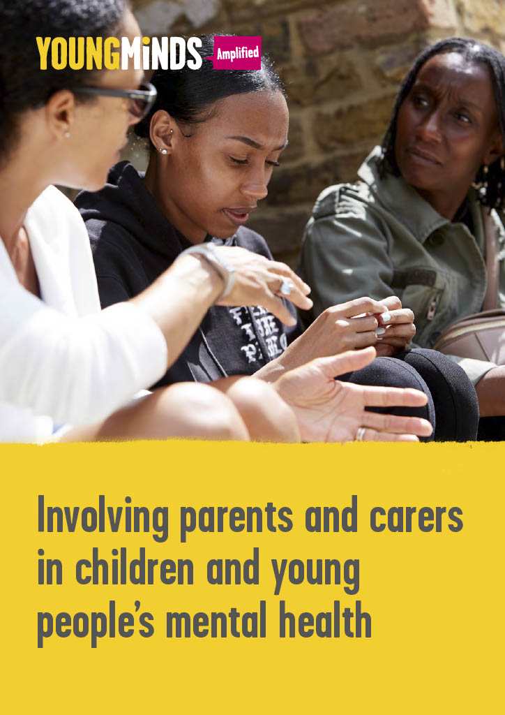 Front page cover of our resource 'Involving parent and carers in children and young people's mental health'. The cover has two parents having a conversation with a child in the middle looking down at their hands.
