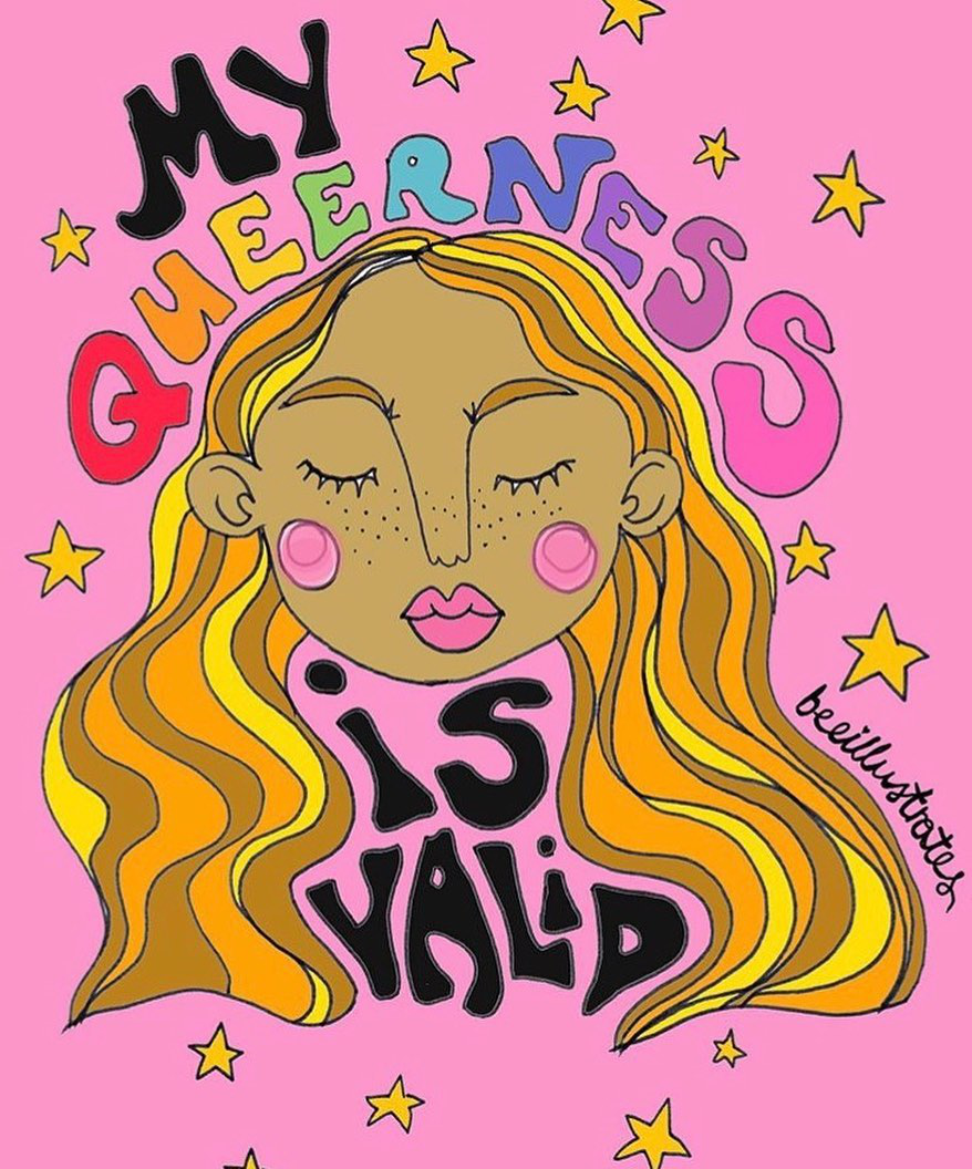 Instagram artwork by @beeillustrates. A illustration of a person with long brown, ginger and blond hair sits on a pink background with yellow stars.