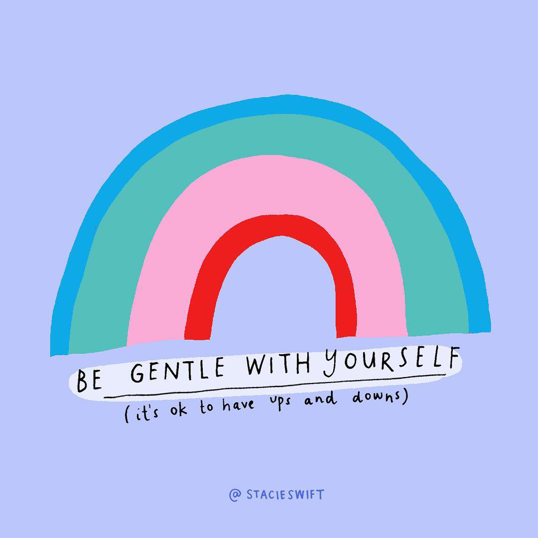 Instagram artwork by @StacieSwift. A rainbow with text underneath 'be gentle with yourself (it's ok to have ups and downs'.