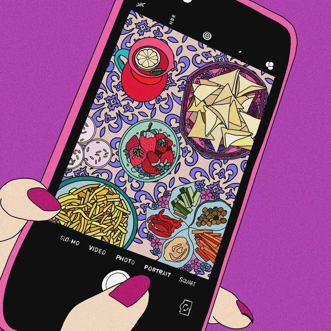 Illustration of a person's hand using their phone to take a picture of food, on a purple patterned background