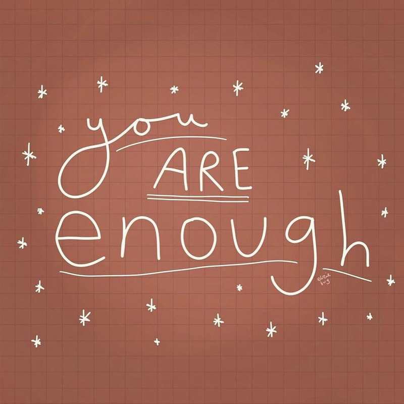 Illustration by elziebug. White text and stars over square notebook paper reads, 'you are enough.'