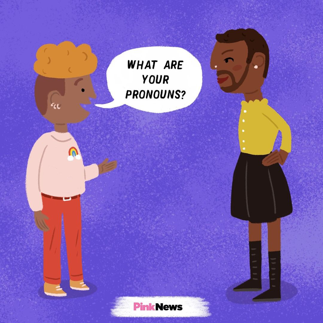 Instagram artwork by @pinknews. Two people are facing each other with the one on the left speaking to the person on the right.