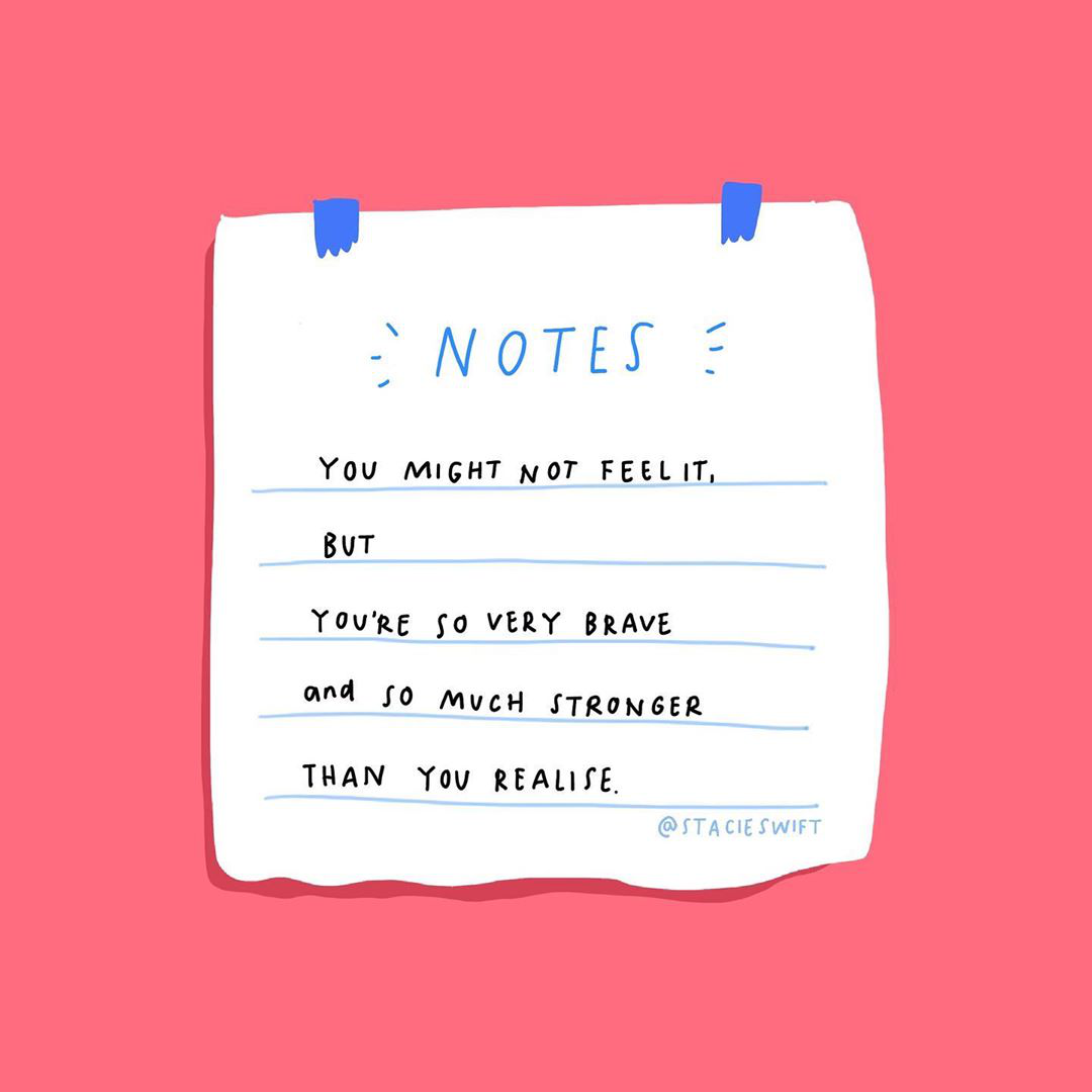 Instagram artwork by @stacieswift. There is a piece of lined paper stuck onto a pink wall with blue pieces of tape. The note talks about how strong you are.