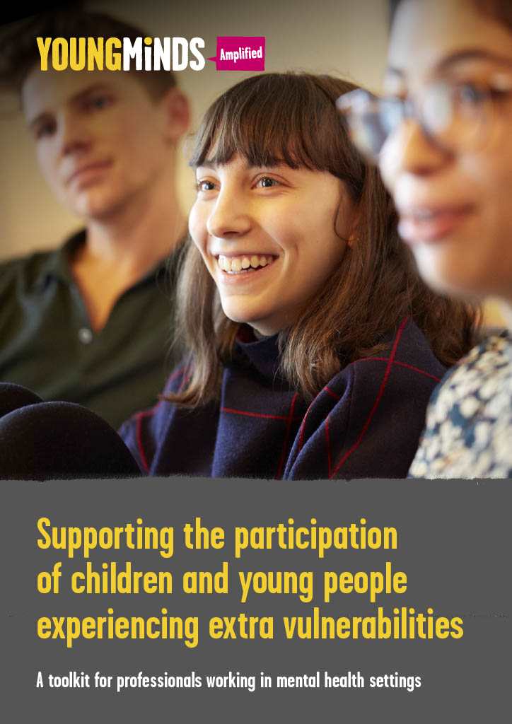 Front page cover of our resource 'Supporting the participation of children and young people experiencing extra vulnerabilities'. The cover has an image of three young people smiling and looking to the left.